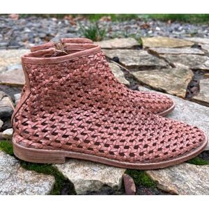 Free People Woven Leather Ankle Boots Women's Size 41 Brown Side Zip Flat Heel